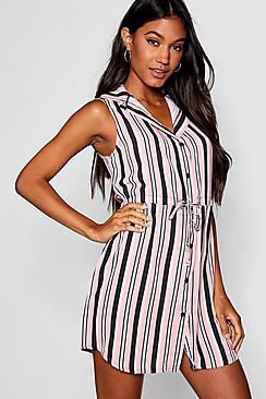 Boohoo Striped Tie Waist Woven Shirt Dress