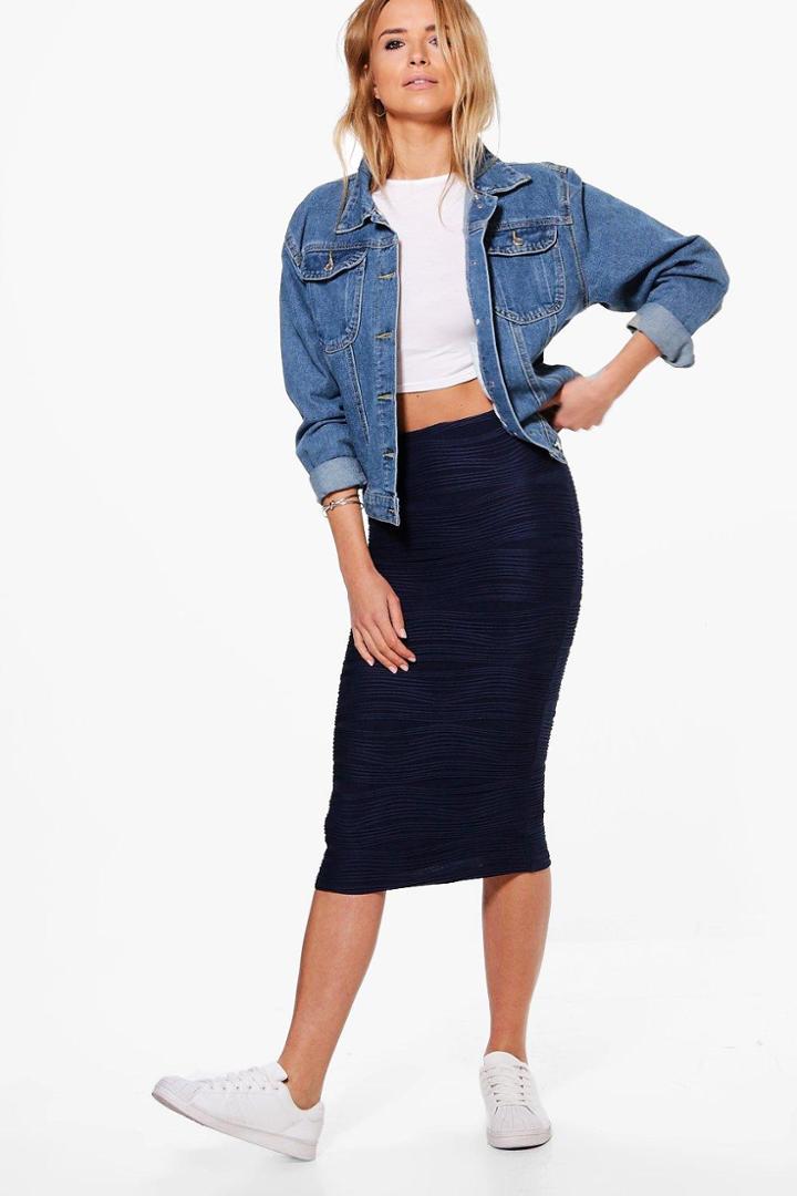 Boohoo Lucia Textured Midi Skirt Navy