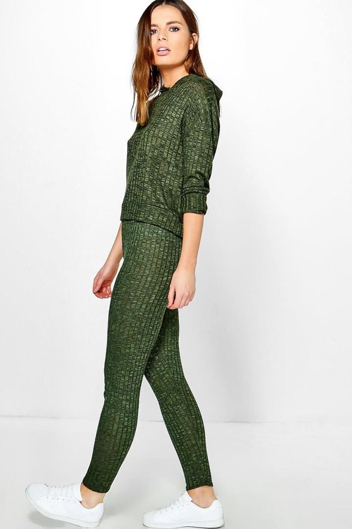 Boohoo Sarah Crop Hoody & Leggings Rib Lounge Set Khaki