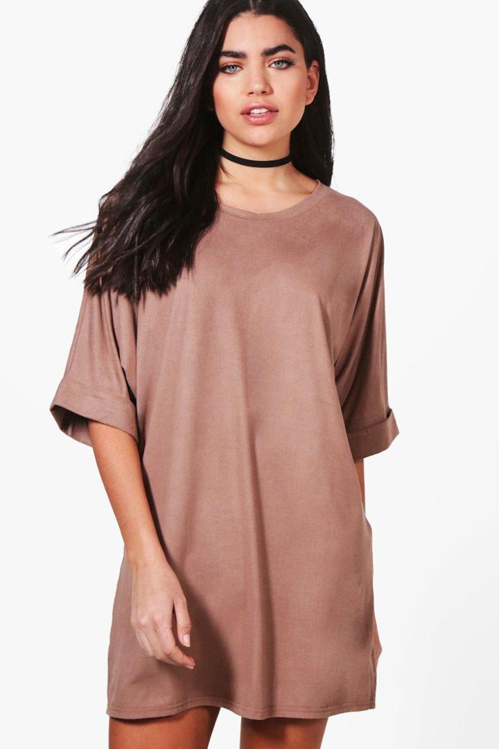 Boohoo Abi Suedette Oversized T-shirt Dress Sand