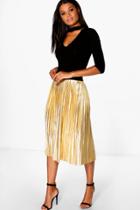 Boohoo Jeana Metallic Pleated Midi Skirt Gold