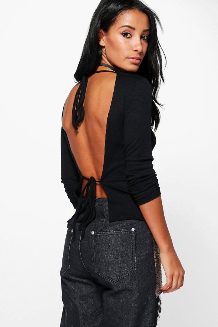Boohoo Maya Tie Back Long Sleeve Rib Top Black