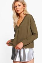 Boohoo Petite Sadie Plunge V Neck Oversized Jumper Khaki