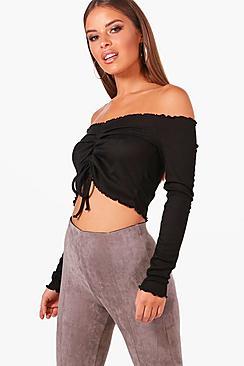 Boohoo Petite Rachel Ruched Front Bardot Rib Crop Top
