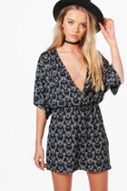 Boohoo Corin Paisley Wide Sleeve Wrap Skater Dress Black