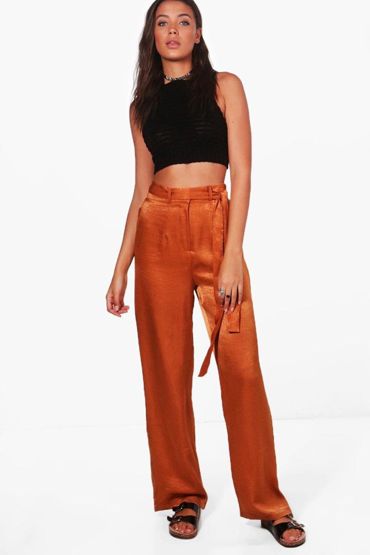 Boohoo Tall Tessie Wide Leg Tie Waist Trousers Rust