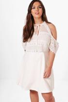 Boohoo Plus Lisa Cold Shoulder Lace Skater Dress White