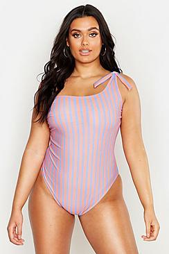 Boohoo Plus Peach Asymmetric Bow Shoulder Swimsuit