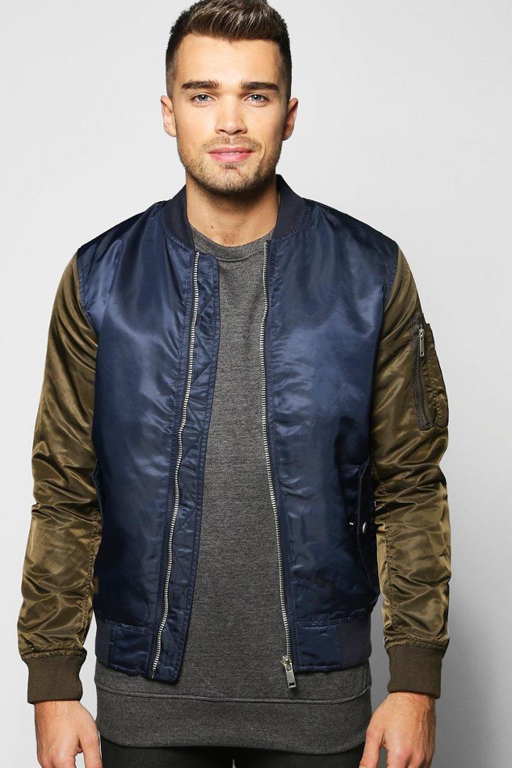 Boohoo Padded Nylon Bomber With Contrast Sleeves Navy