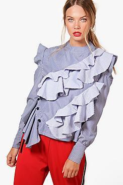 Boohoo Martha Striped Cold Shoulder Ruffle Top