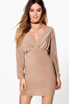 Boohoo Petite Alice Drape Plunge Bodycon Dress Camel