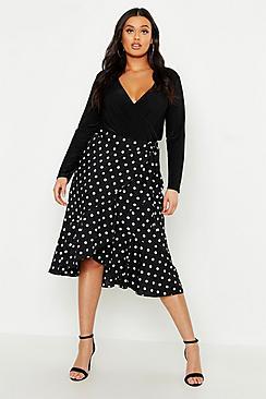 Boohoo Plus Polka Dot Ruffle Midi Skirt