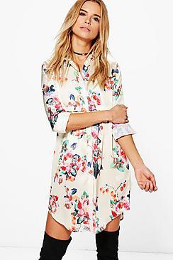 Boohoo Floral Satin Shirt Dress