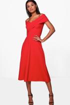 Boohoo Zoe Pleated Off The Shoulder Midi Skater Dress Red