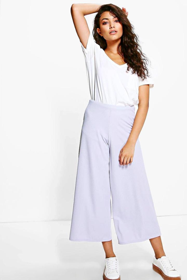 Boohoo Baha Ribbed Wide Leg Cropped Trousers Grey