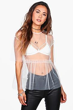Boohoo Charlotte Sheer Oversized Mesh Ruffle Tee