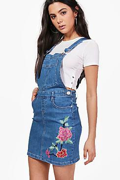 Boohoo Shana Flower Embroidered Denim Pinafore Dress