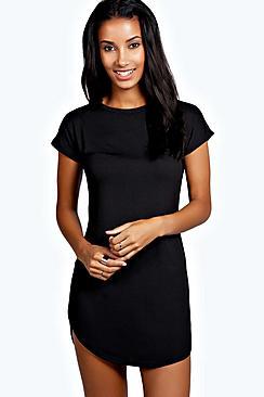 Boohoo Taylor Curved Hem Roll Sleeve Tshirt Dress