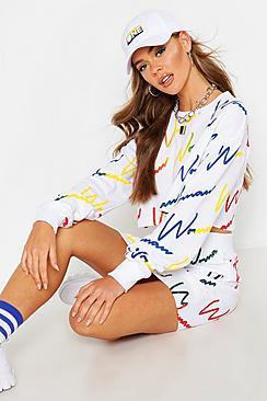 Boohoo Woman All Over Rainbow Print Crop Skirt Set