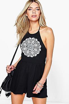 Boohoo Lola Halter Neck Printed Jersey Playsuit