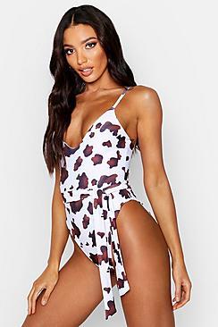 Boohoo Cow Print Belted Swimsuit