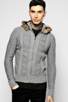 Boohoo Cable Knit Zip Through Hoodie With Hood Grey