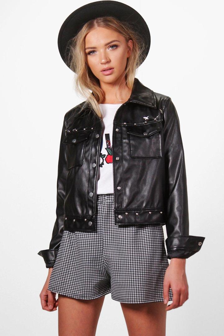 Boohoo Zoe Star Studded Biker Jacket Black