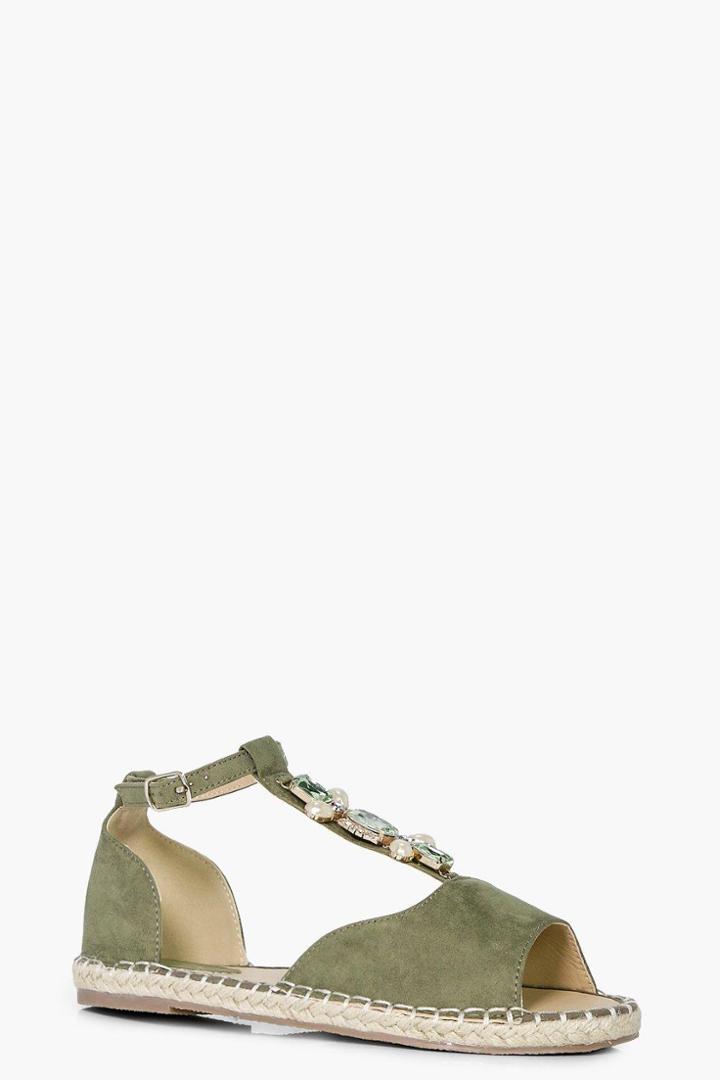 Boohoo Zoe Embellished Peeptoe Espadrille Khaki