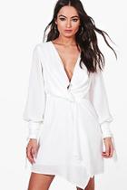 Boohoo Tia Twist Front Ruched Sleeves Shift Dress