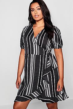 Boohoo Plus Stripe & Polka Dot Ruffle Wrap Dress