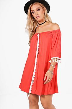 Boohoo Plus Faith Tassel Trim Off The Shoulder Swing Dress