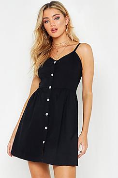 Boohoo Button Front Strappy Denim Dress