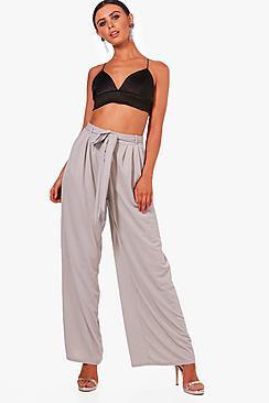 Boohoo Petite Tie Waist Wide Leg Trouser