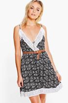 Boohoo Miriam Lace Trim Floral Wrap Skater Dress Black