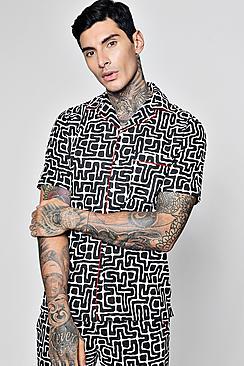Boohoo Tribal Print Revere Short Sleeve Shirt Co-ord