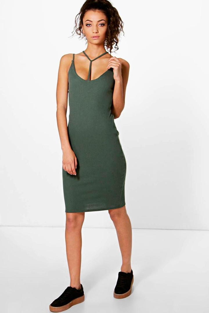 Boohoo Tall Jess Ribbed Strappy Neck Dress Khaki