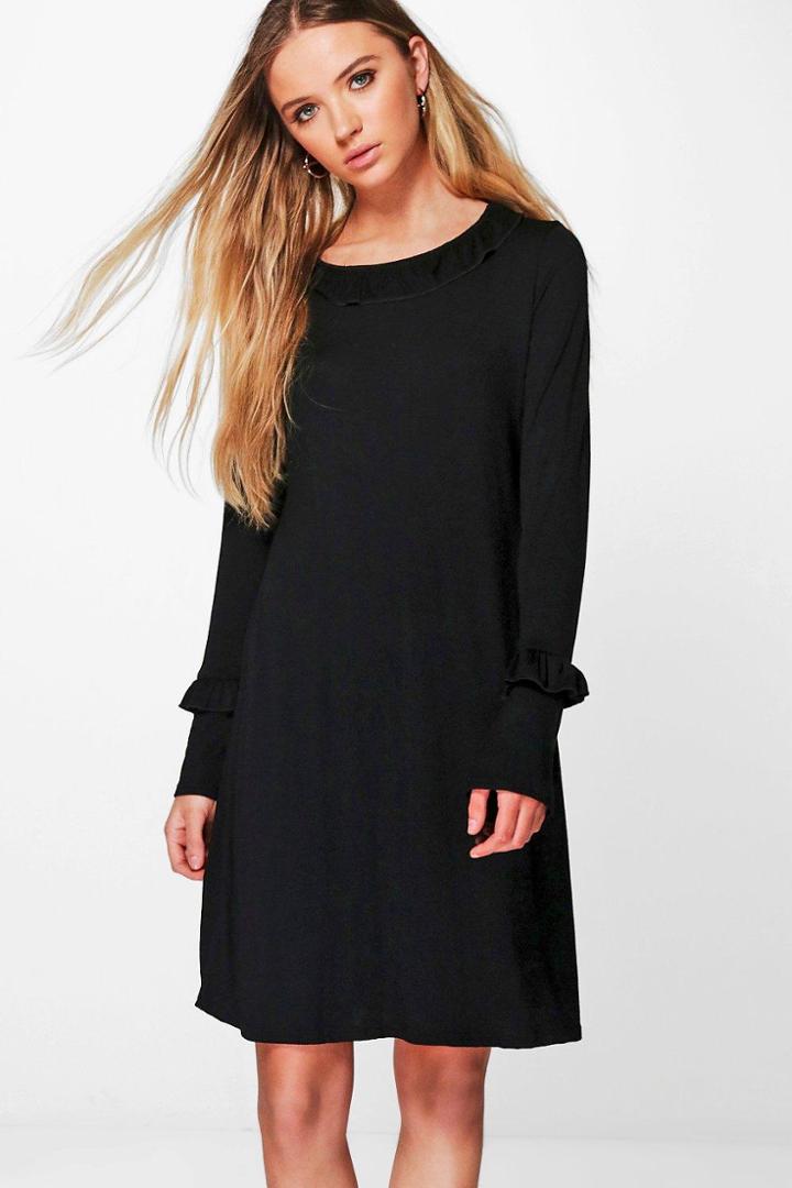 Boohoo Stacey Ruffle Sleeve And Collar Shift Dress Black