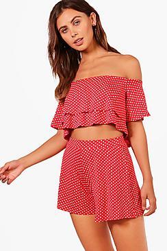 Boohoo Petite Elle Polka Dot Bardot Crop + Short Co-ord