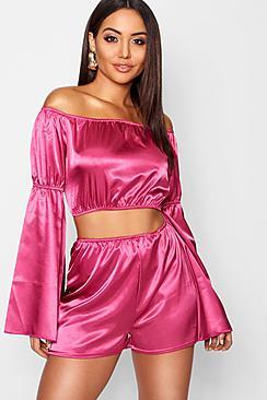 Boohoo Volume Sleeve Bardot Crop Top + Short Co-ord