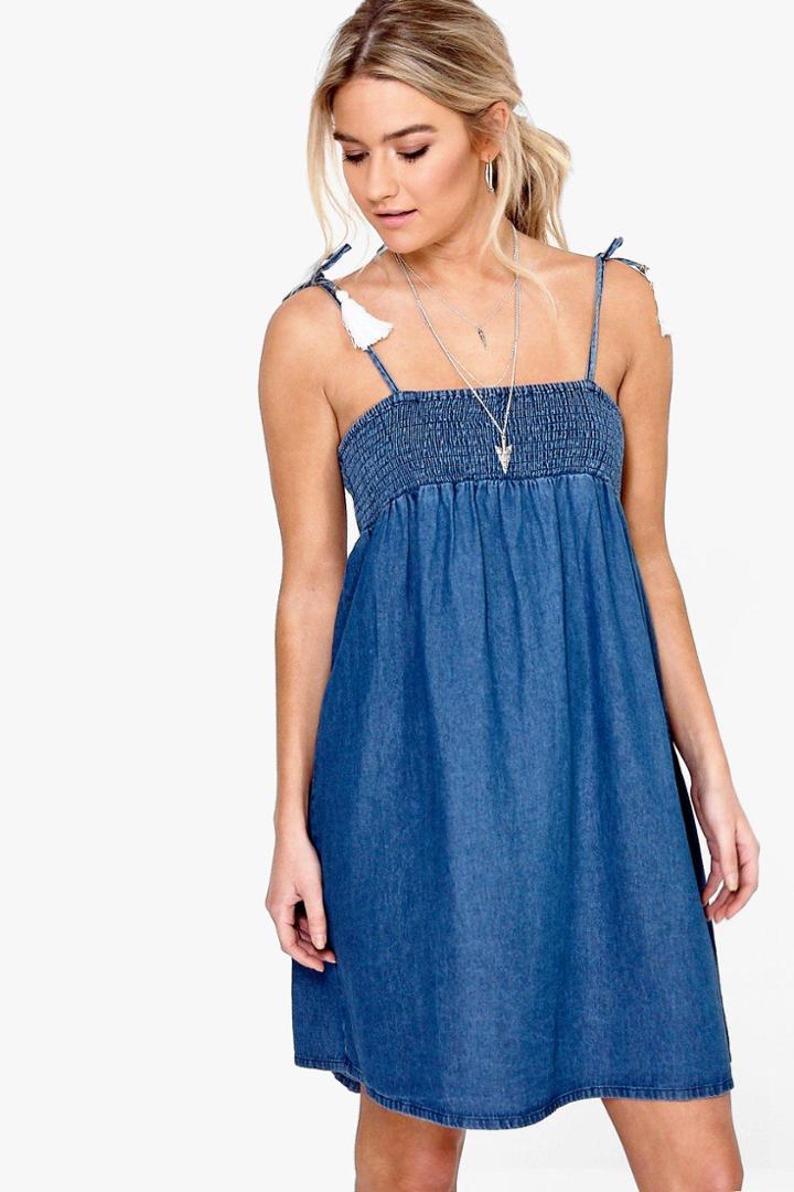 Boohoo Larah Denim Tassel Trim Swing Dress Blue