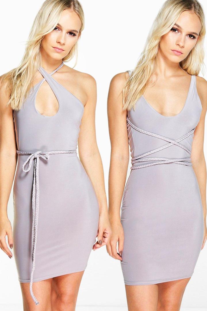 Boohoo Petite Karla Halterneck Plait Detail Midi Dress Silver