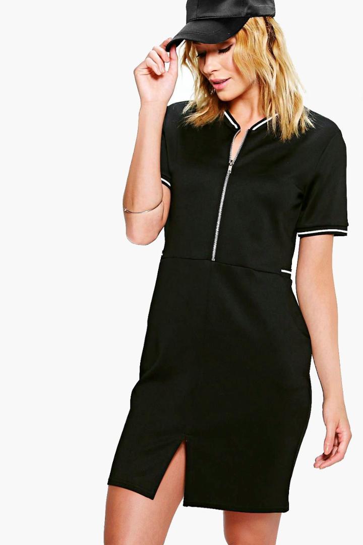 Boohoo Lucy Sports Trim Zip Front Bomber Dress Black