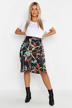 Boohoo Plus Satin Chain Print Ruffle Midi Skirt