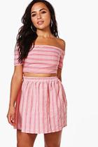 Boohoo Petite Holly Stripe Bardot Crop + Skater Skirt Co-ord