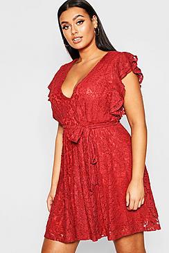 Boohoo Plus Lace Ruffle Sleeve Skater Dress