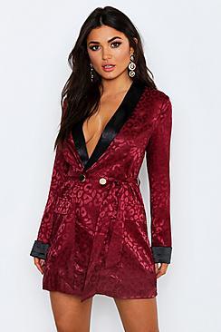 Boohoo Satin Leopard Gold Button Blazer Dress