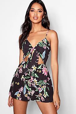 Boohoo Eva Floral Print Tie Front Playsuit