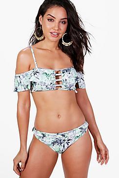 Boohoo Monaco Palm Print Frill Trim Bikini