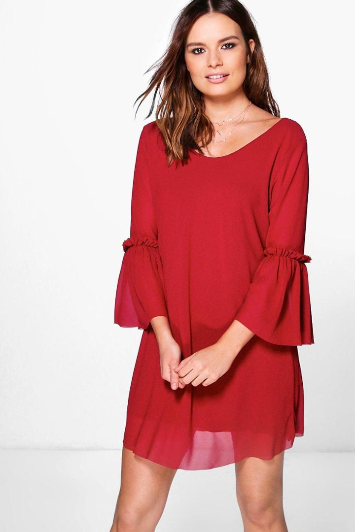 Boohoo Kayley Woven Sheer Frill Sleeve Shift Dress Wine