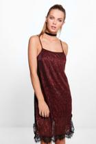 Boohoo Bethan Metallic Strappy Lace Bodycon Dress Wine
